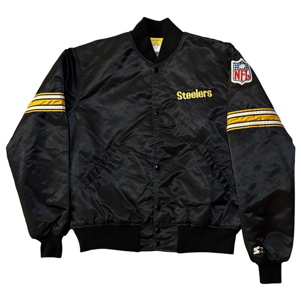 Vintage 90s Pittsburgh Steelers Starter Satin Bomber Jacket Made in USA Black L